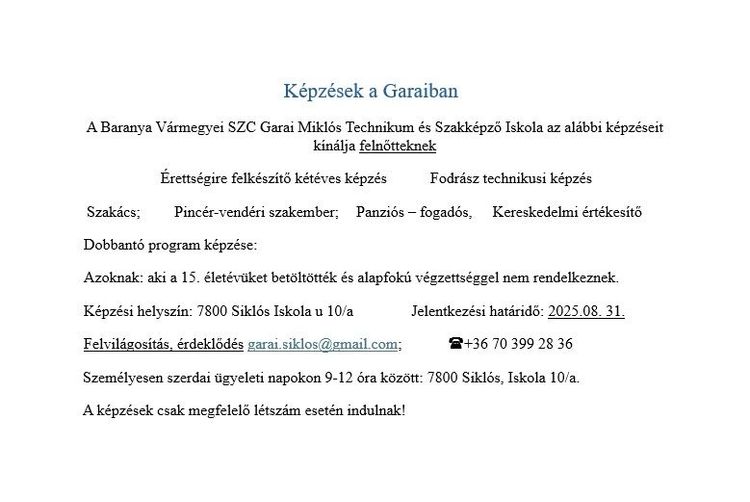 Tanulj felnőttképzésben a Garaiban